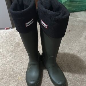Hunter Dark Green Rain Boots with Black Cuffs